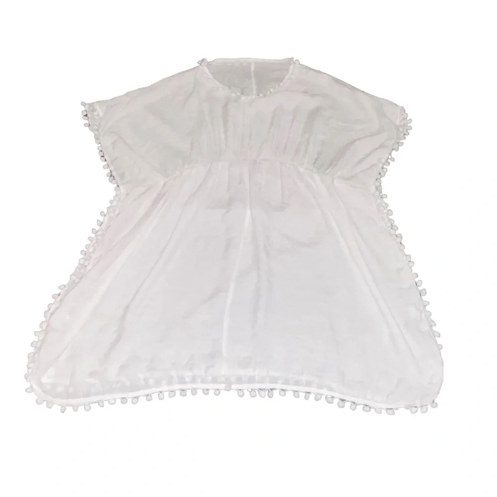 ✨NEW✨ Pom Pom Boho White Beach Swimsuit Side Slits CoverUp Top - OS - Picture 5 of 9